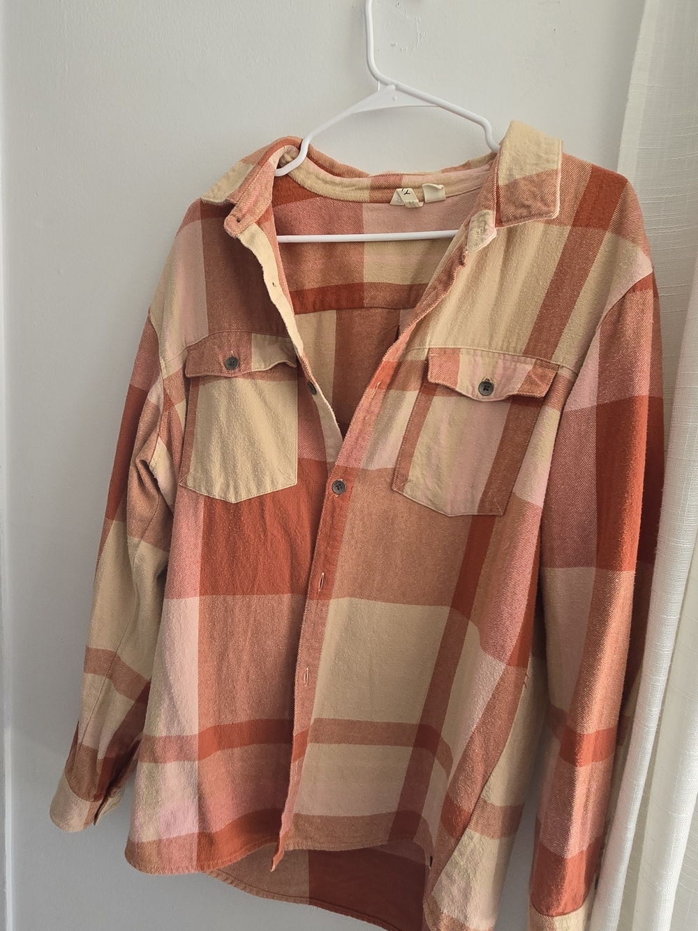 Oversized Plaid Button-Up Roxy Shirt Jacket - Peach/Tan